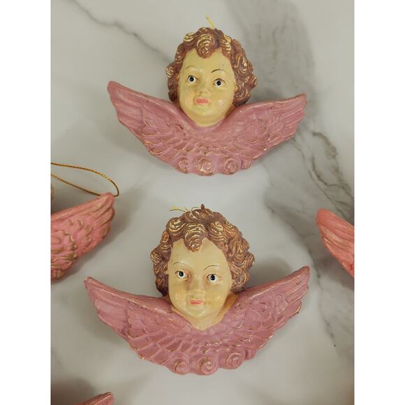 Cherubs Christmas Tree Ornaments Baroque Angels 4 1/2" Pink 80s Blow Mold x7 - Picture 3 of 12